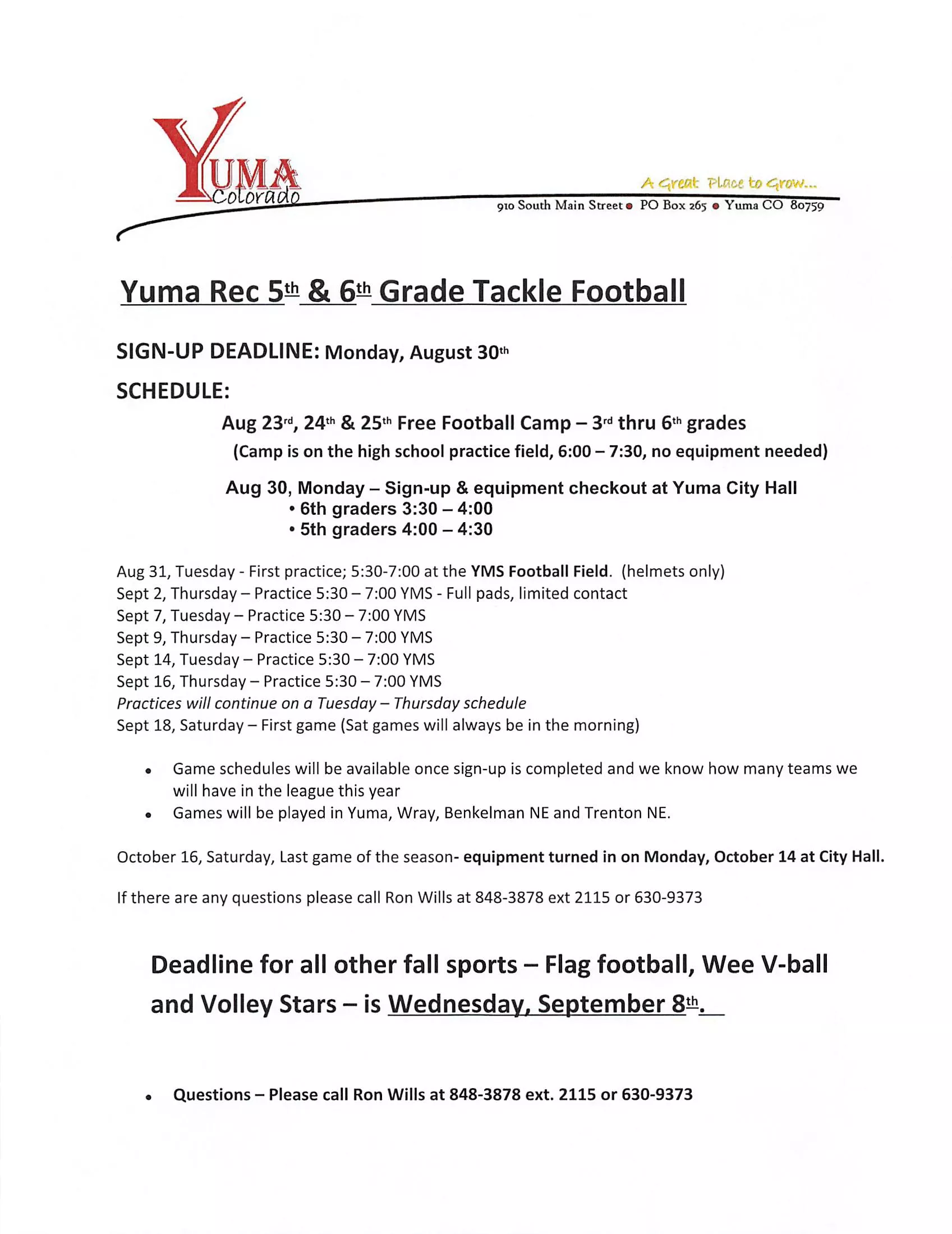 Tackle Football Schedule
