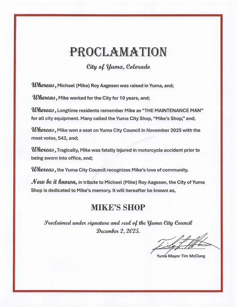 Proclamation declaring the City Shop as Mike's Shop in honor of Michael Aageson.