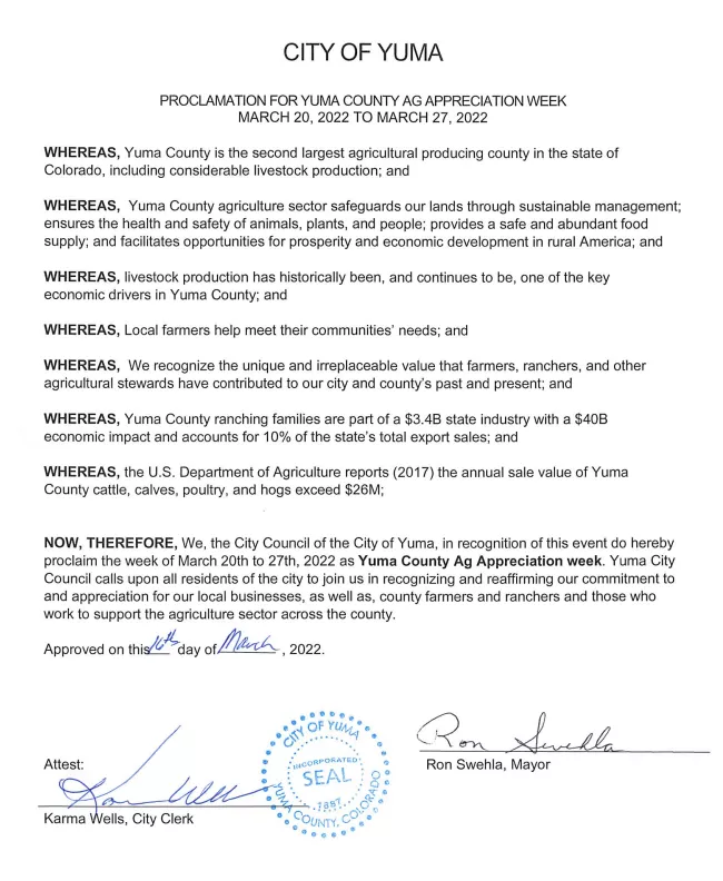  Yuma County AG Appreciation week proclamation